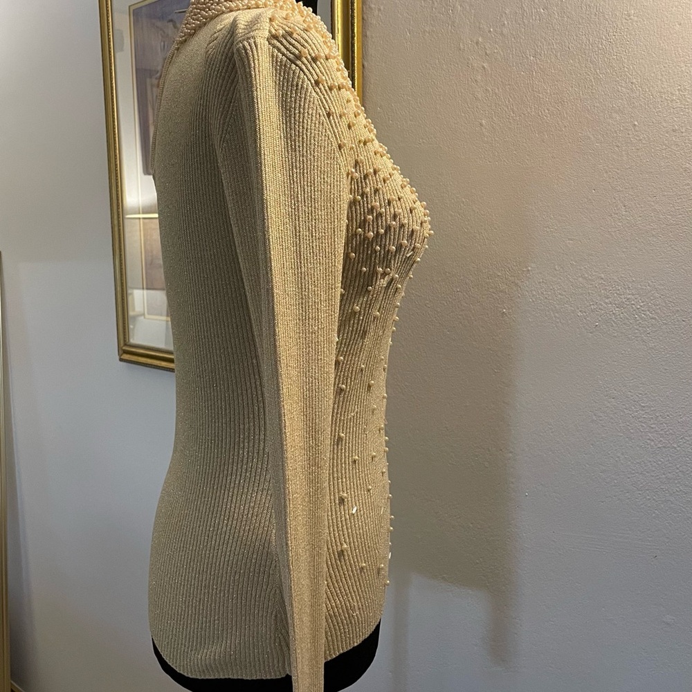 Belldini Light Gold Silk Metallic Sweater with Pearl Accents Stunning -OS ✨✨ - Picture 4 of 9